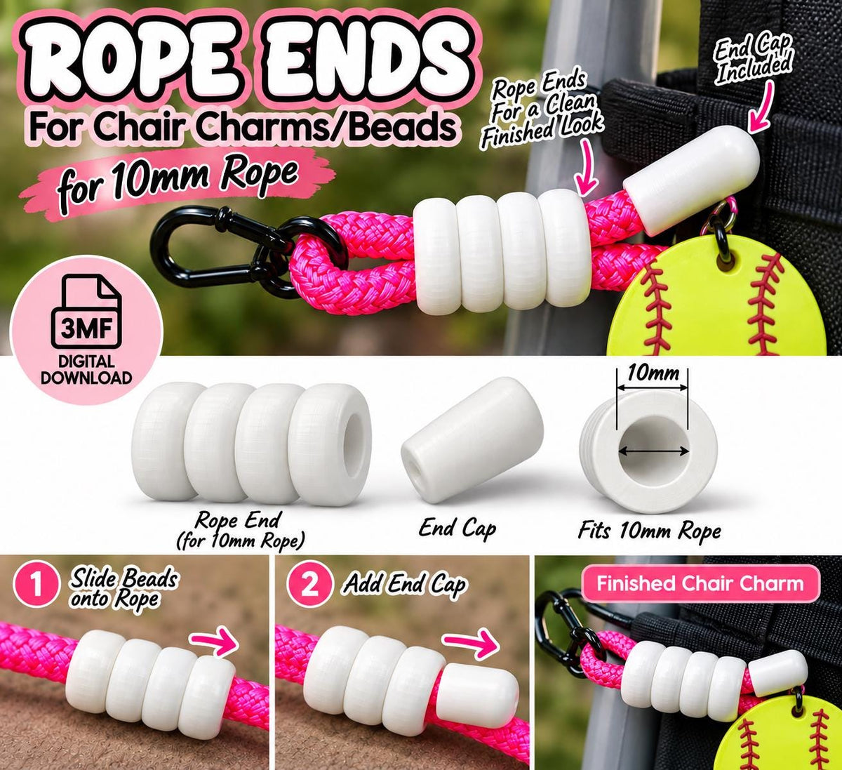 3D STL Printable Rope End Caps for Chair Charms (10mm Rope)