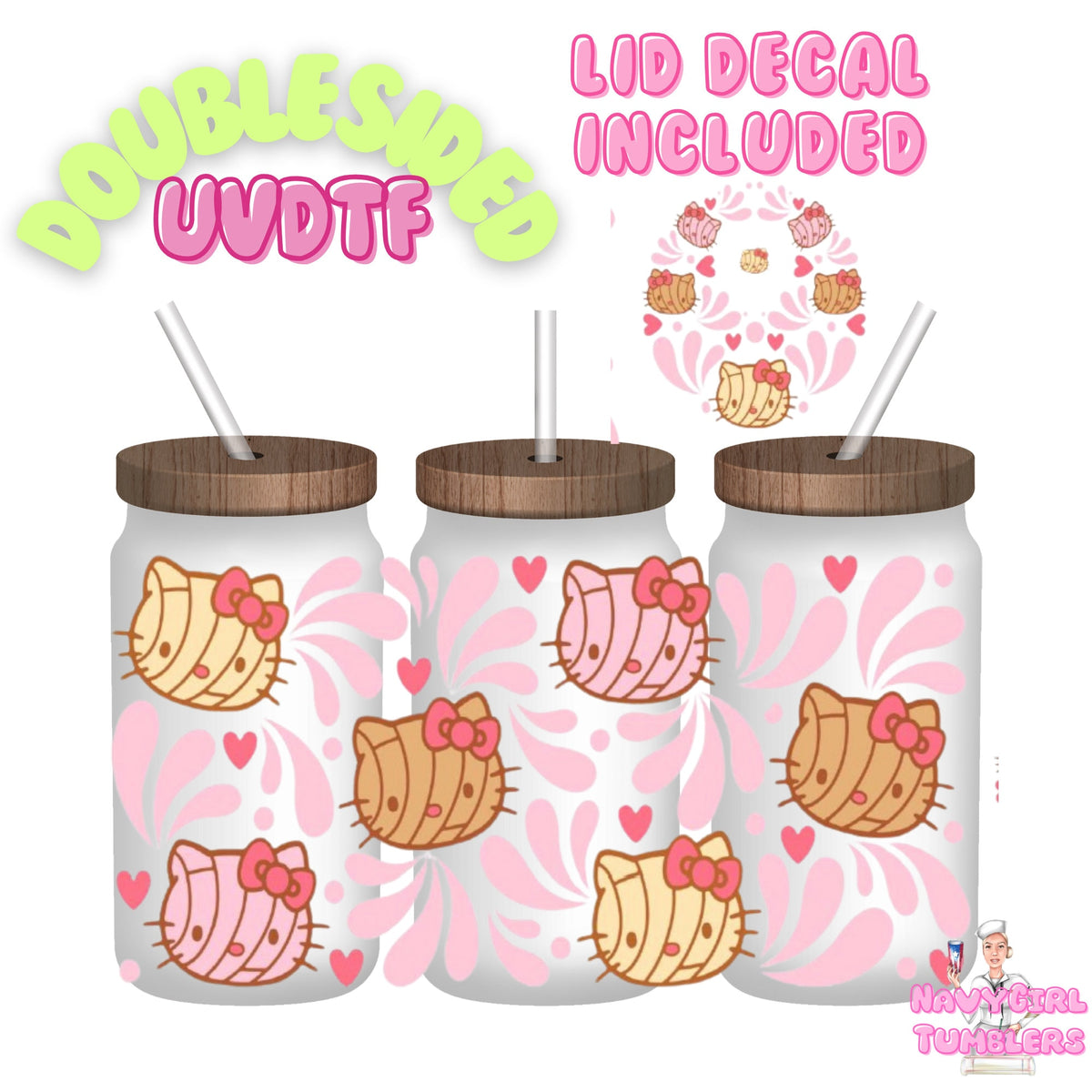 hello kitty talavera hispanic pink hearts conchas uv dtf 16oz wrap double sided lid decal