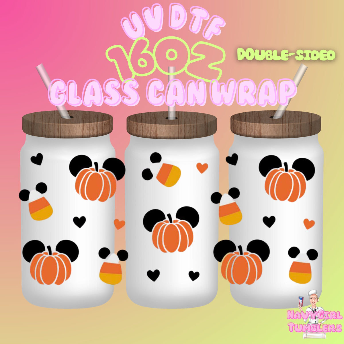 mickey mouse disney uv dtf 16oz can wrap halloween pumpkin and candy corn