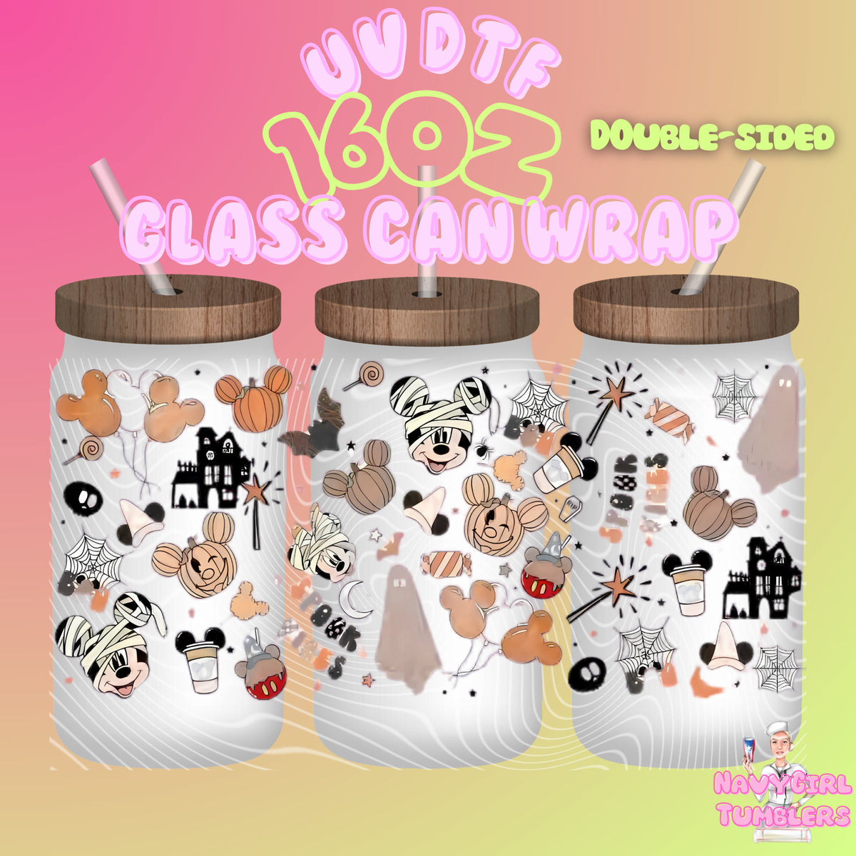 Mickey Disney Halloween 16oz uv DTF can wrap double sided