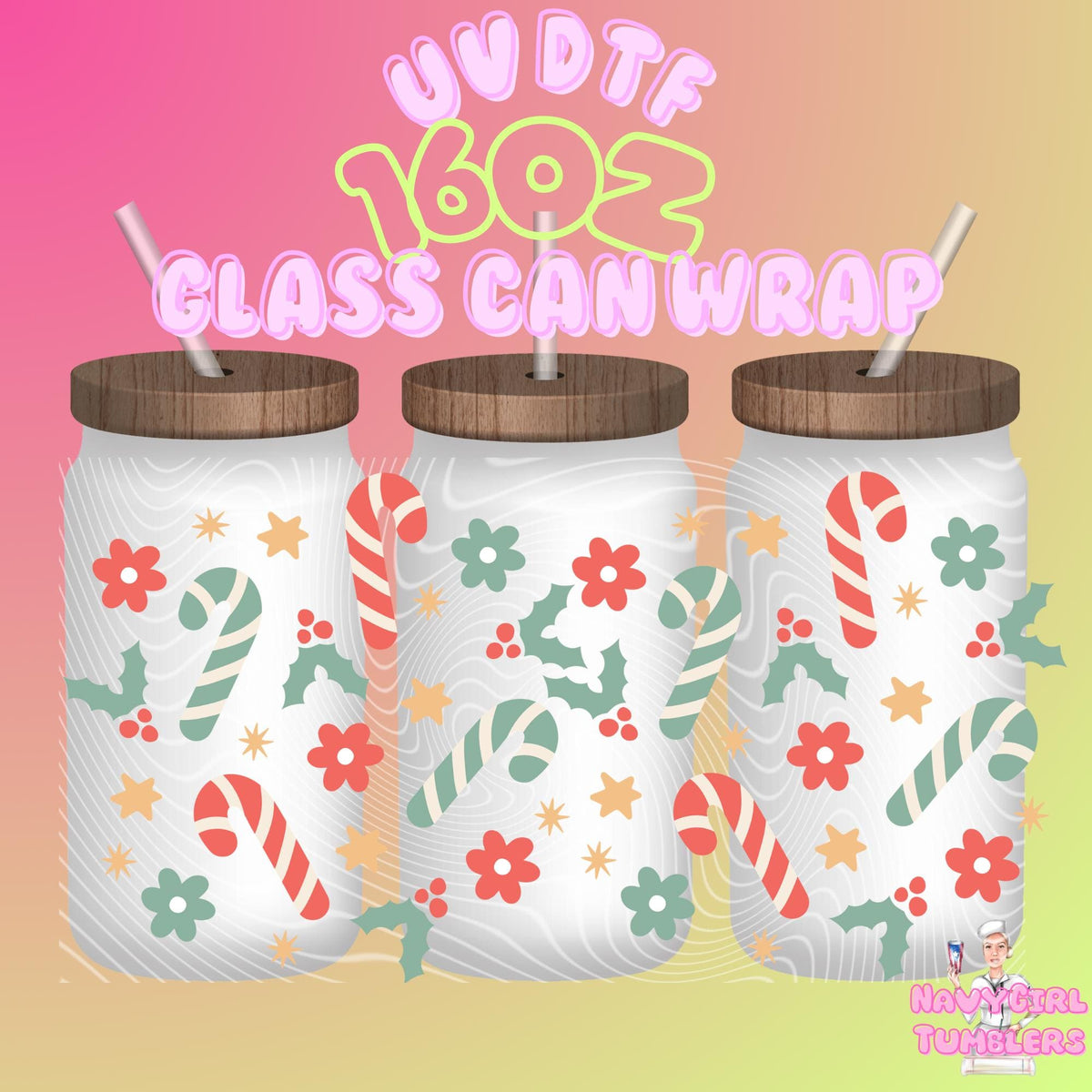 Christmas candy cane mistletoe cute 16oz wrap beer can Libby sublimation uv DTF