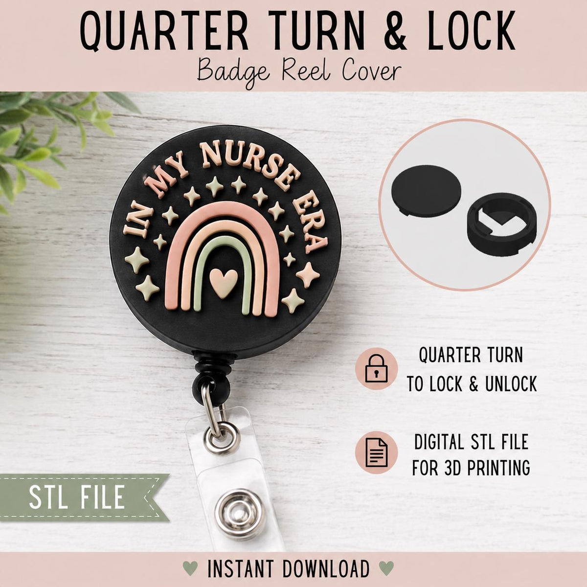 Quarter Turn & Lock Badge Reel Cover Base – Digital STL File