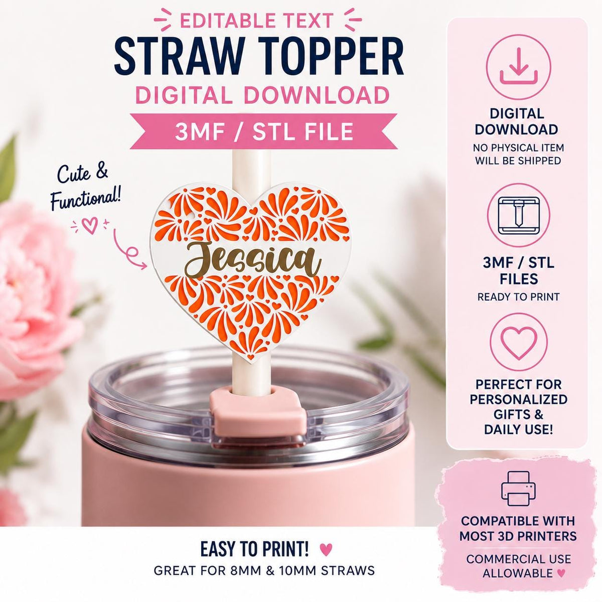 Talavera Heart Straw Topper Digital STL File