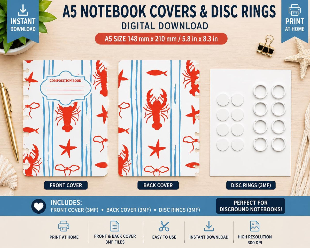 A5 Costal Lobster Notebook Cover Set Digital Download
