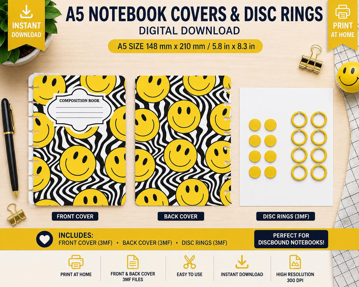 A5 Groovy Smiley Notebook Cover Set Digital Download
