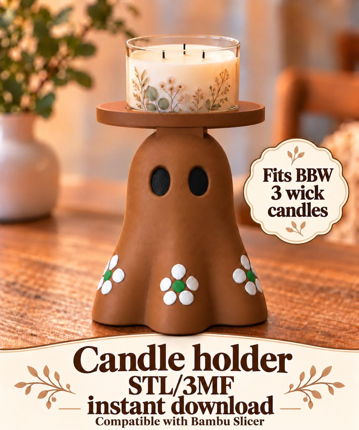 Barro Ghost Candle Holder: Floral 3D Print STL/3MF File for Bambu Studio