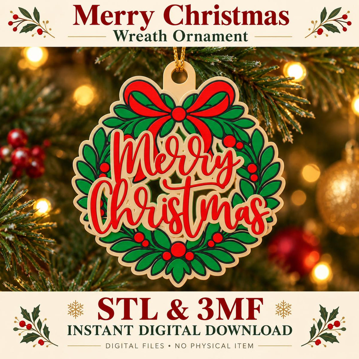 Merry Christmas Wreath Ornament: STL 3MF Digital Download